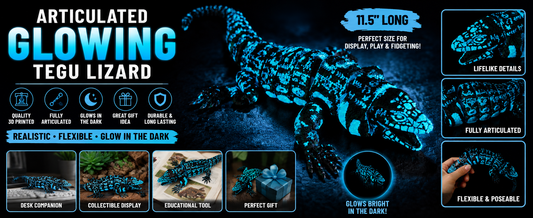 Glowing Articulated Tegu Lizard – 3D Printed Realistic Reptile Figure, Flexible Poseable Animal Toy, Collectible Desk Decor, Sensory Fidget, Gift for Reptile Lovers (Blue))