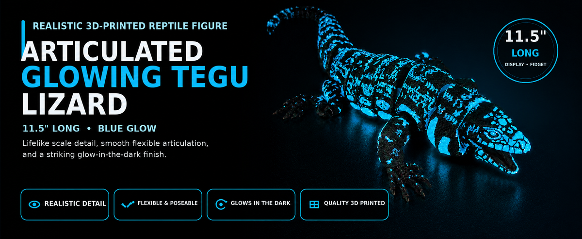 Glowing Articulated Tegu Lizard – 3D Printed Realistic Reptile Figure, Flexible Poseable Animal Toy, Collectible Desk Decor, Sensory Fidget, Gift for Reptile Lovers (Blue))