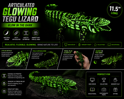 Glowing Articulated Tegu Lizard – 3D Printed Realistic Reptile Figure, Flexible Poseable Animal Toy, Collectible Desk Decor, Sensory Fidget, Gift for Reptile Lovers (Green)
