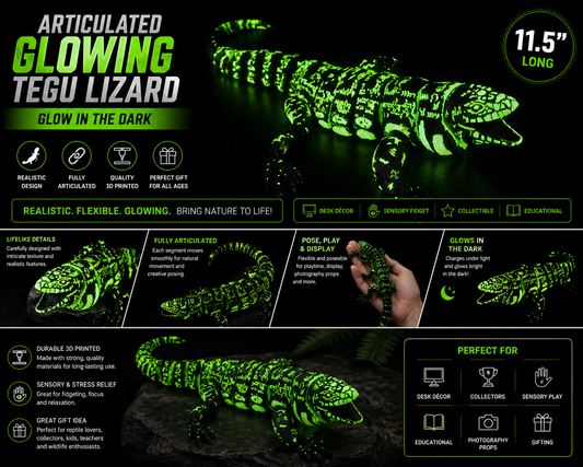 Glowing Articulated Tegu Lizard – 3D Printed Realistic Reptile Figure, Flexible Poseable Animal Toy, Collectible Desk Decor, Sensory Fidget, Gift for Reptile Lovers (Green)